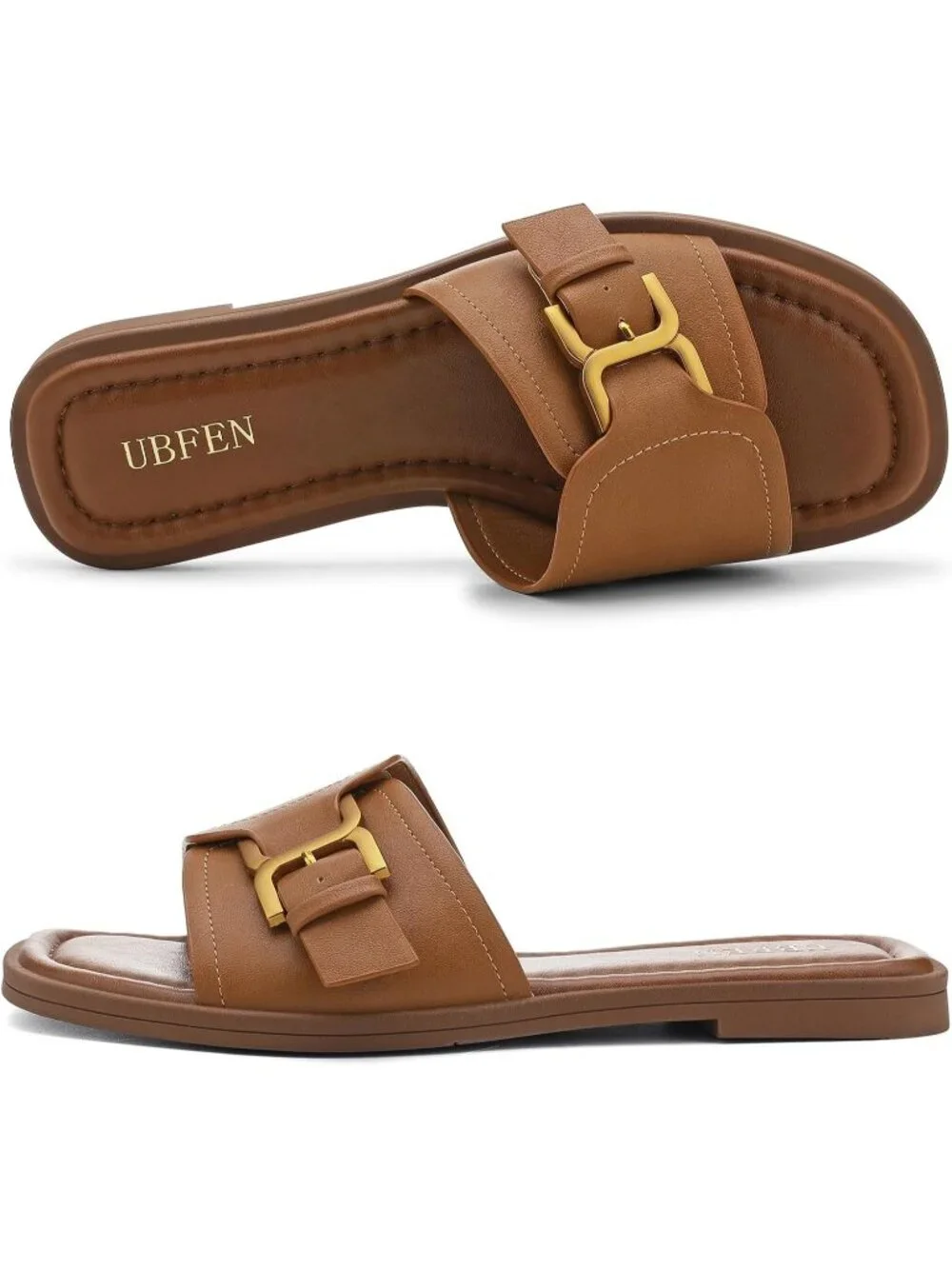 Women's Brown 1 Square Toe Flat Sandals Slides Dressy Comfortable for Beach